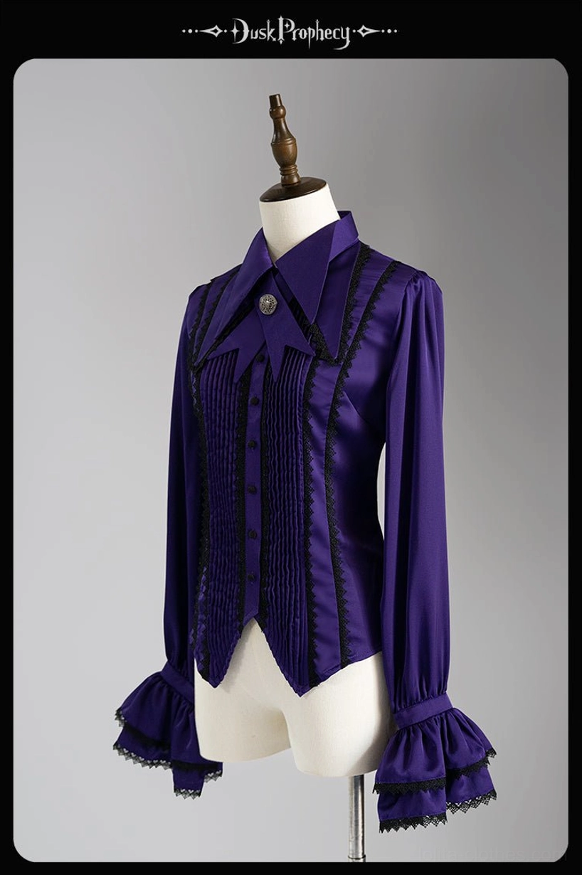 Coccyx lolita blouse purple satin deep color front three-quarter angle black lace trims oversized pointed collar romantic details