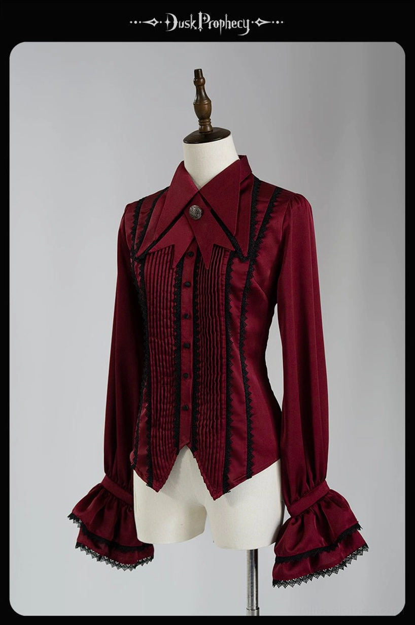 Coccyx lolita blouse straight front view red satin tailored fit slim silhouette hidden button closure lace details