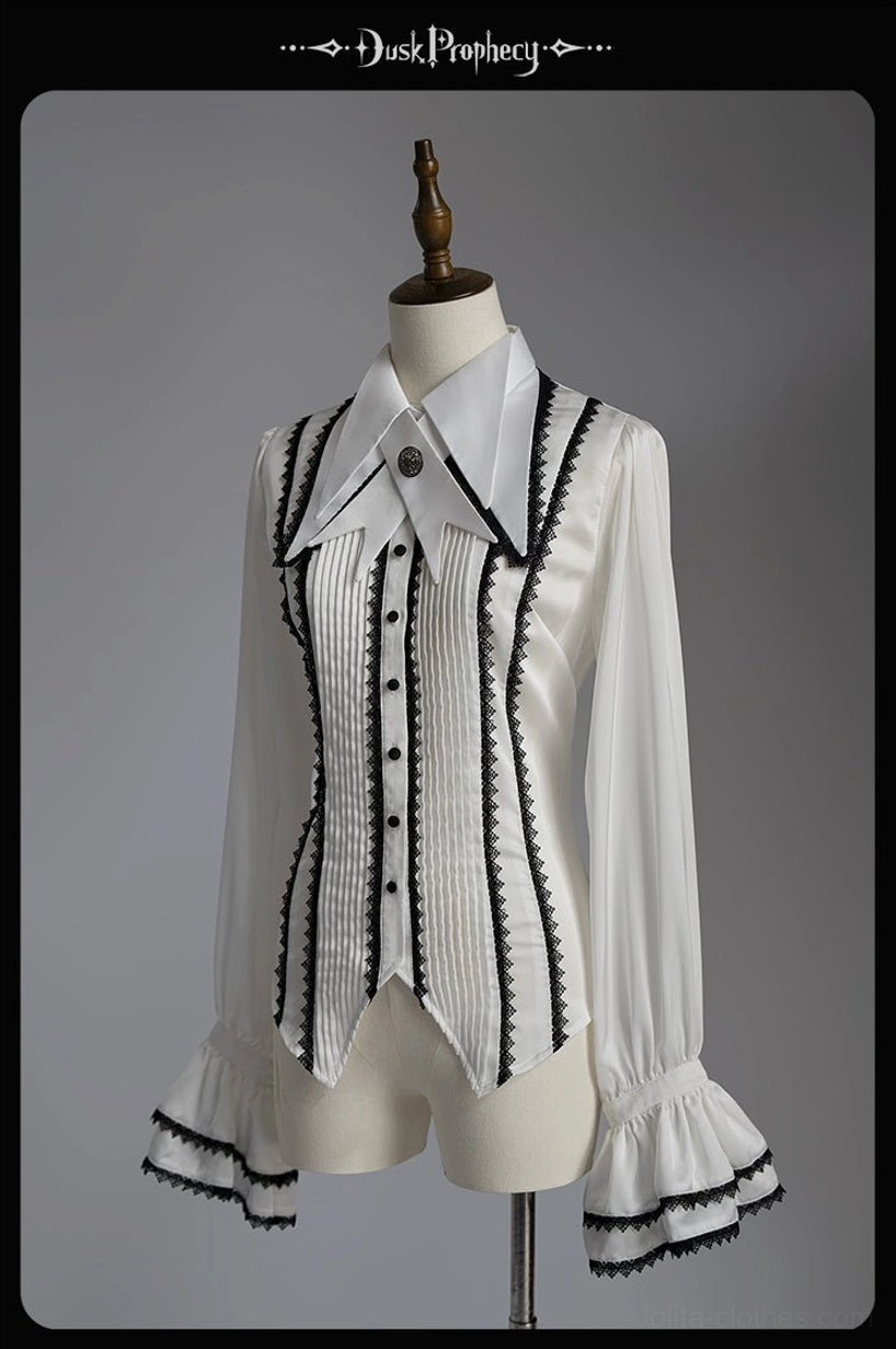 Coccyx lolita blouse white satin front straight view tailored silhouette lace-trimmed details classic gothic lolita foundation piece