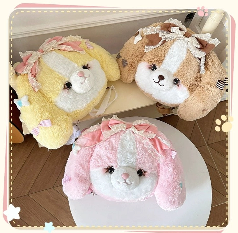 Adjustable backpack straps detail of cocker spaniel plush lolita bag showing comfortable wearing system and secure attachment