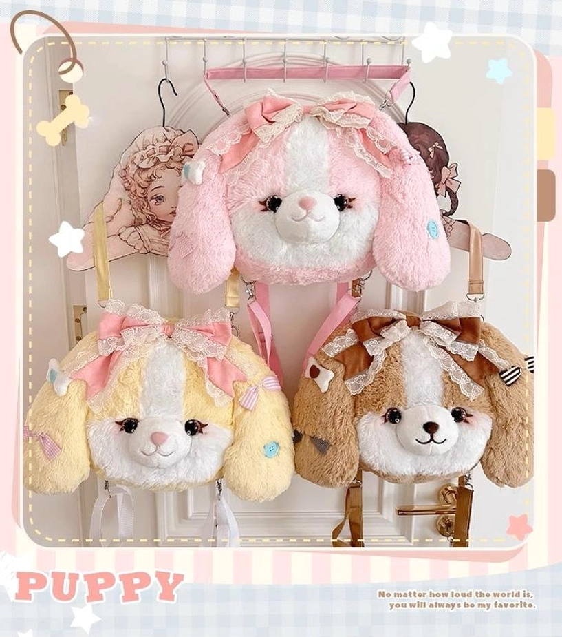 Multiple cocker spaniel plush lolita backpack color variants comparison showing strawberry pink caramel pudding beige options