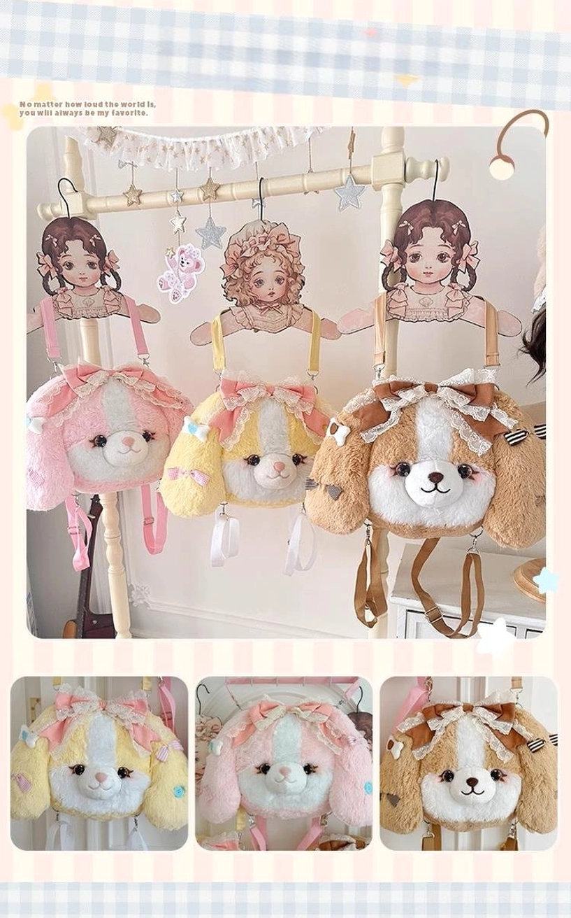 Cocker spaniel plush lolita backpack with sweet lolita accessories including straw hat bow ribbon for complete kawaii coordinate