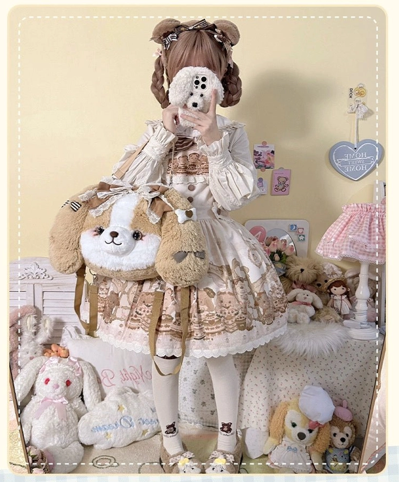 Close-up detail shot of cocker spaniel plush lolita backpack showing soft texture lace bow decoration on puppy head