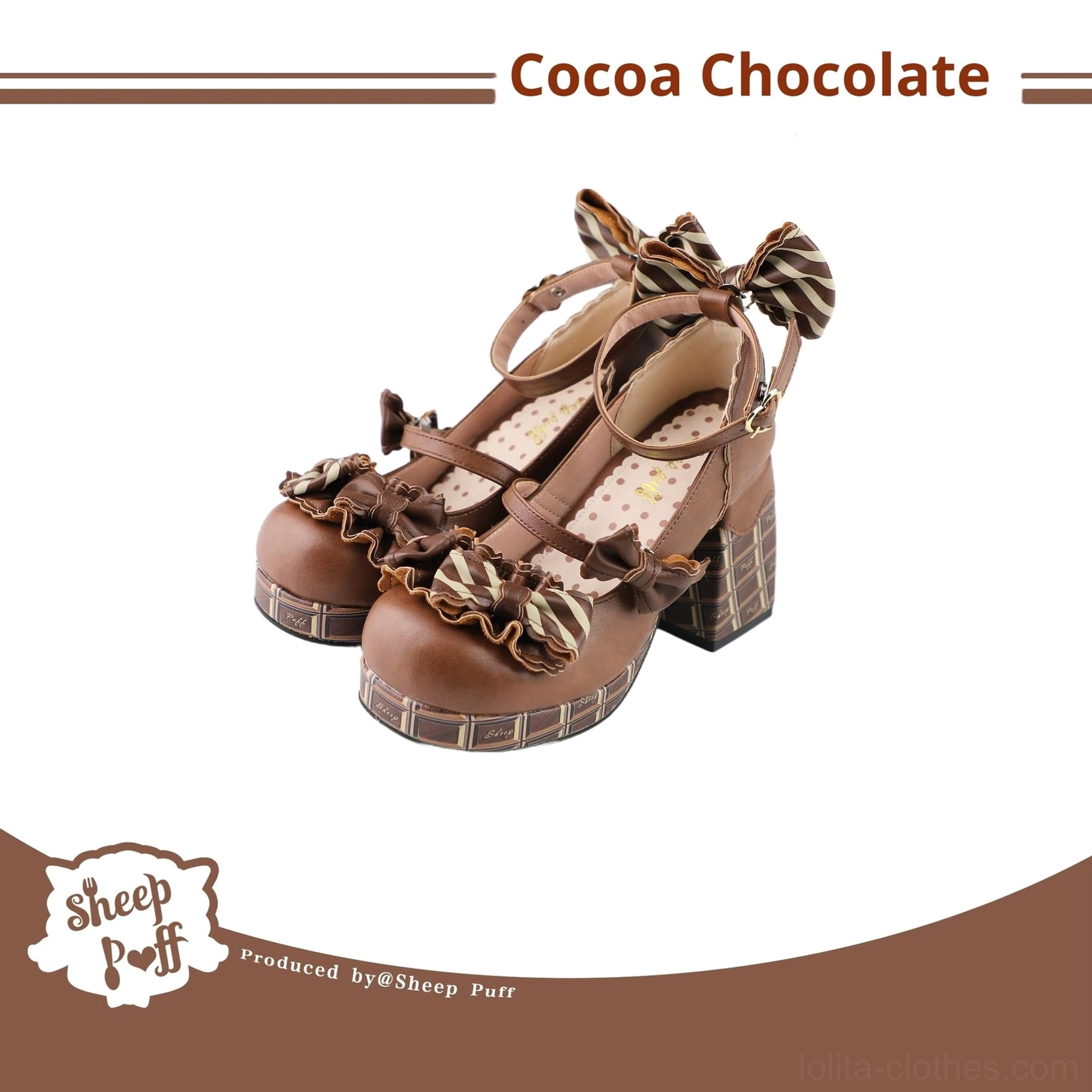 Cocoa chocolate lolita high heel shoes with detachable bow accent and heart-shaped metal buckle ankle strap detail