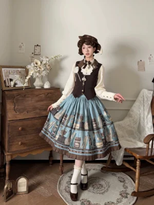 Coffee Bookshelf classic lolita jsk coordinate outfit full body front view with blue book print skirt cream ruffled blouse brown embroidered waistcoat vintage study setting