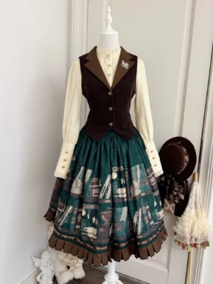Coffee Bookshelf lolita outfit on dress form with brown waistcoat dark green book print skirt cream blouse beret accessory flat display