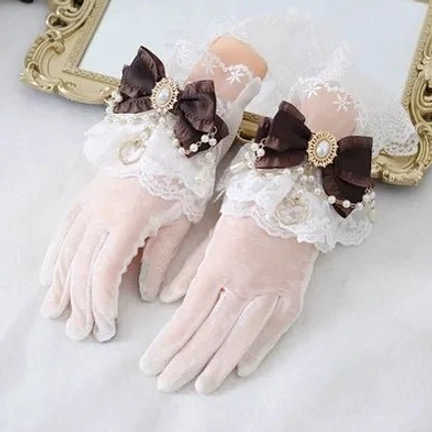 Coffee brown satin bow vintage lolita lace gloves with gem brooch white ruffled cuffs elegant classic lolita style