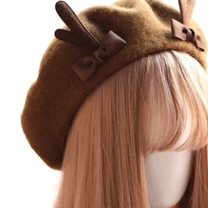 Coffee brown fuzzy wool deer horn beret with mini bow lolita accessory close-up front detail