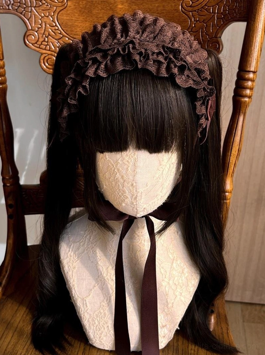 Coffee brown lace KC headdress on mannequin with coordinated brown hairstyle, displaying warm sophisticated tone for gothic and ouji lolita styles