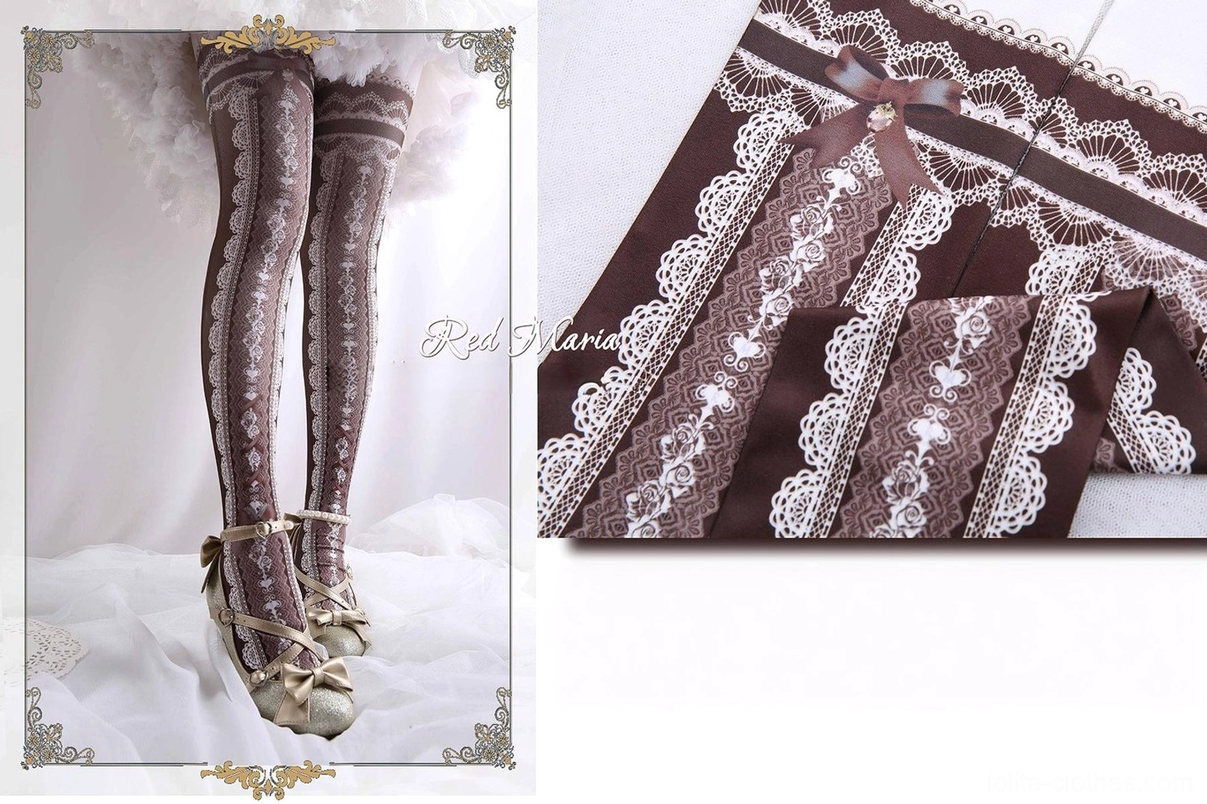 Coffee brown lace printed lolita over-the-knee tights with refined gothic aesthetic appeal