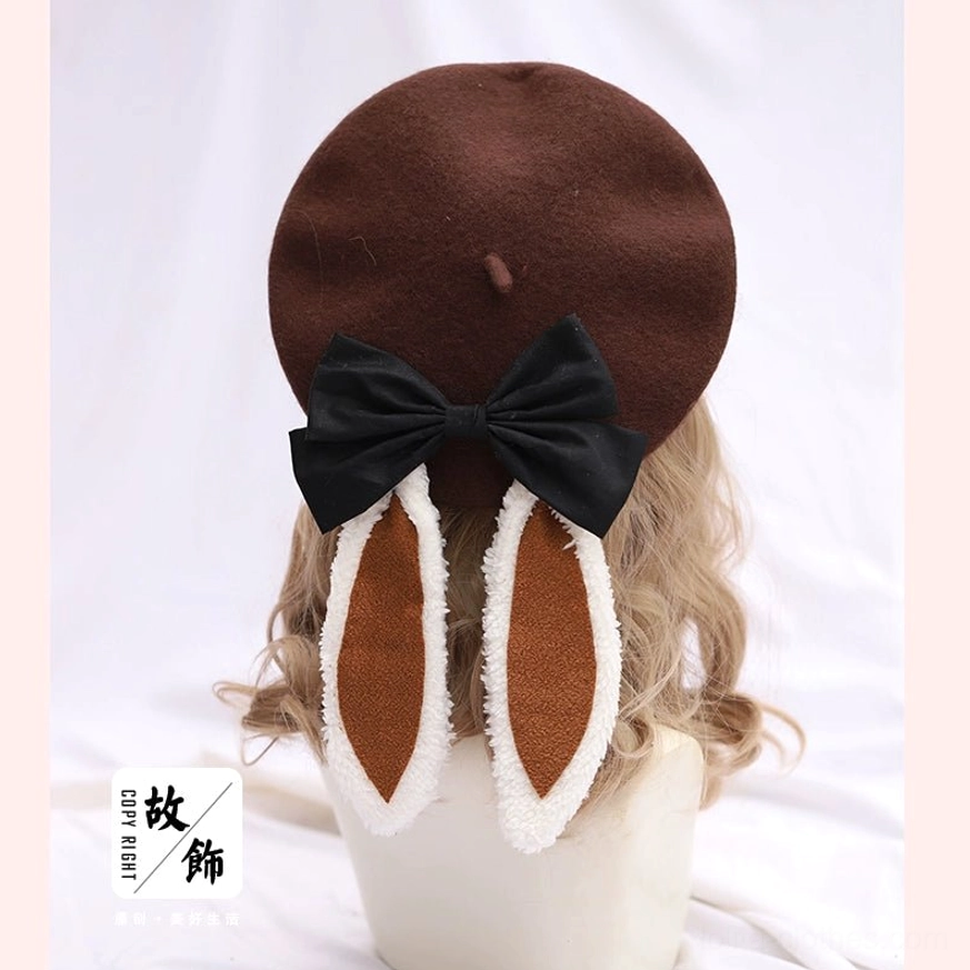 Coffee brown lolita beret with detachable white fuzzy trimmed bunny ears and black satin bow - rear flat lay
