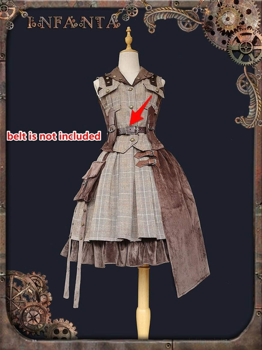 Coffee brown premium velveteen vest component of punk lolita coordinate set with tailored waist design, functional side pockets, and structured silhouette for autumn steampunk styling