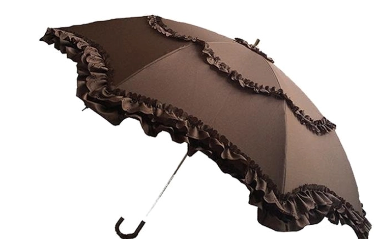 Coffee brown vintage-inspired Lolita parasol with rich brown ruffled lace trim and matching metal handle