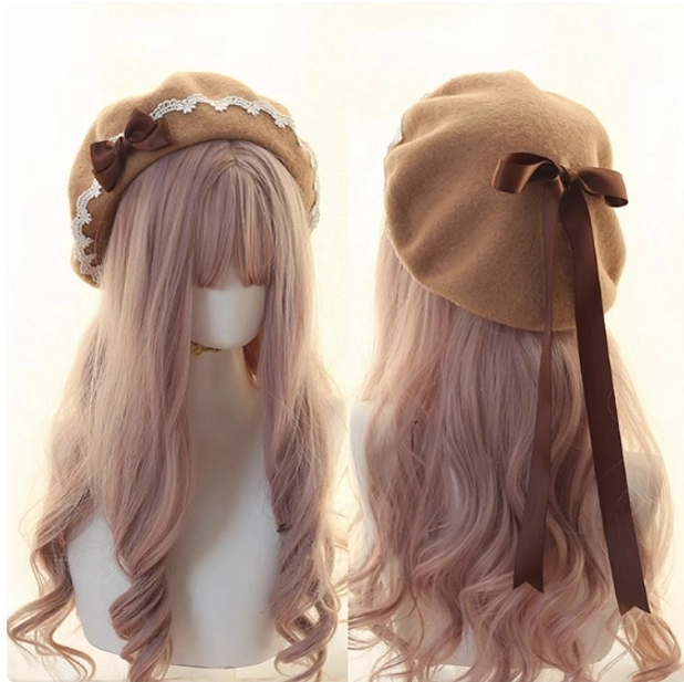 Coffee brown wool lolita beret with brown bow classic lolita fashion headpiece display