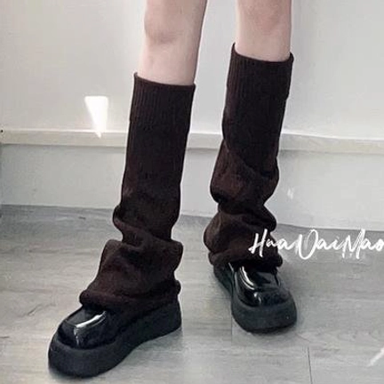 Coffee color lolita leg warmers mid-calf knit with anti-slip transparent band roll rim warm brown