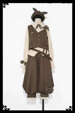 Coffee Ouji Lolita gentleman 3-piece set with brown tweed vest, off-white pointed collar blouse, and cropped trousers displayed on dress form mannequin with matching newsboy cap and grid bow tie against white background with ornate black frame