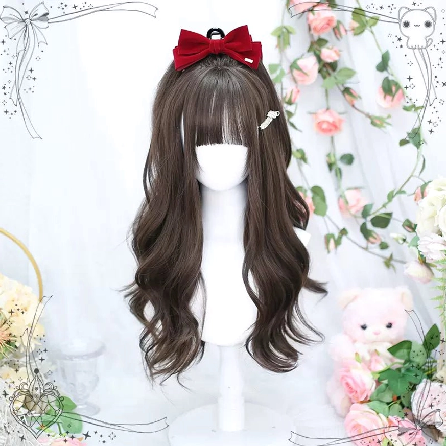 Cold brown long curly wavy Lolita wig with air bangs featuring warm taupe undertones, natural wavy texture ideal for cool-toned Lolita coordinates and romantic styling