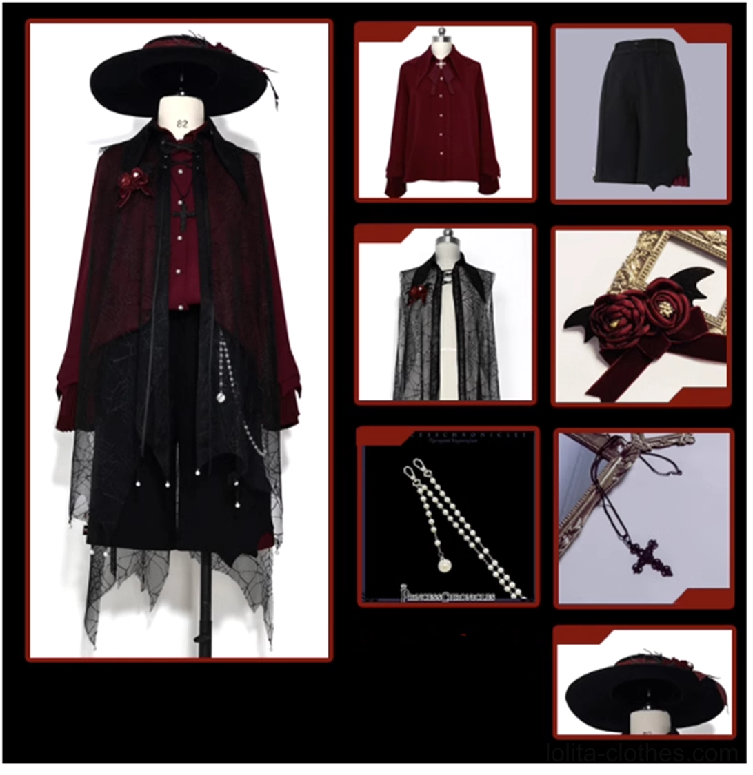 Full gothic Ouji gentleman outfit set collage lace coat dress shirt shorts vest brooch necklaces top hat dark red black