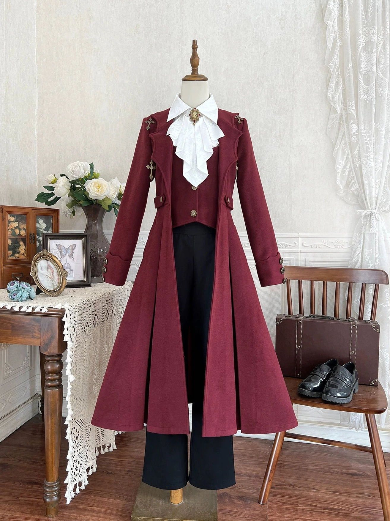 Dracula gothic lolita complete outfit coordination full body view burgundy coat white blouse black pants formal footwear aristocratic prince aesthetic theatrical presence