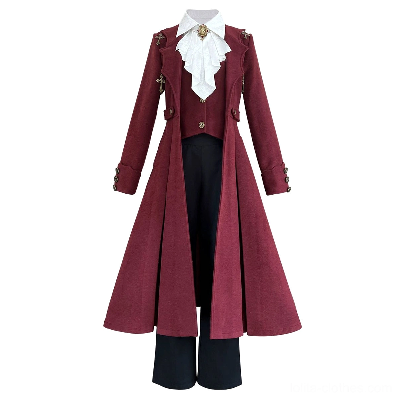 Full three-piece gothic ouji lolita winter coat set blouse pants coat burgundy white black formal aristocratic complete ensemble coordinate