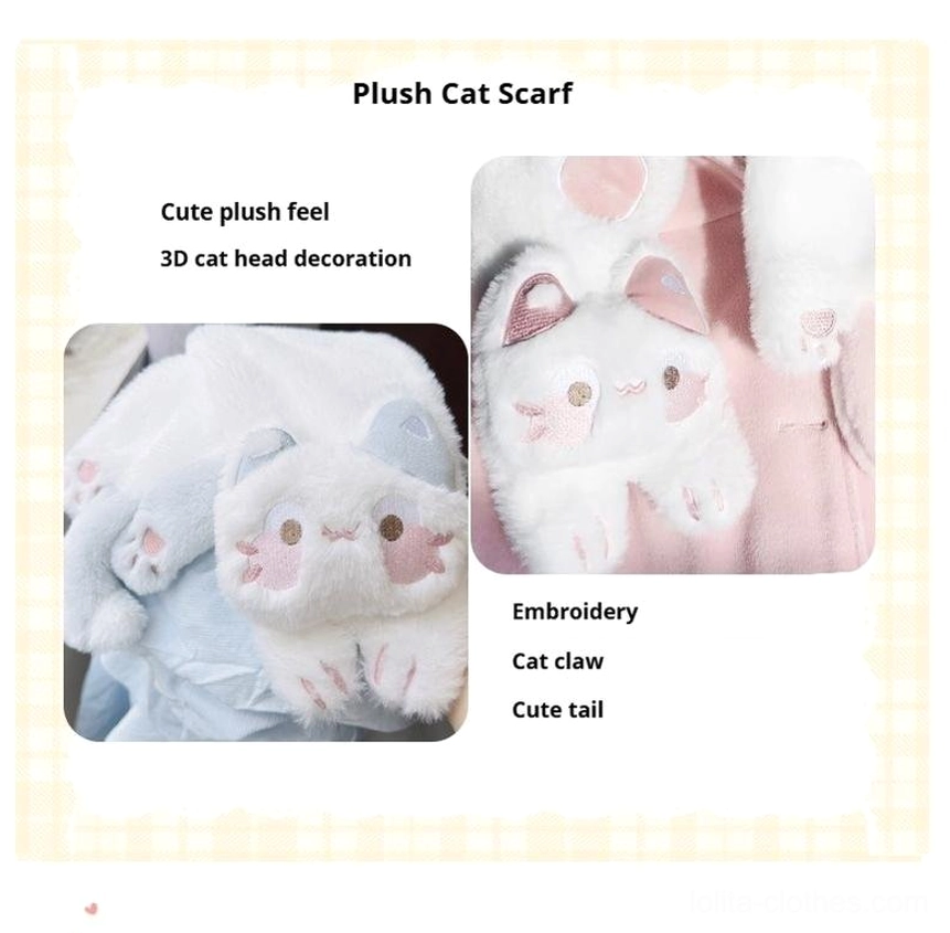 Complete kawaii lolita cat coat set with matching scarf and skirt pieces for coordinated Japanese subculture fashion