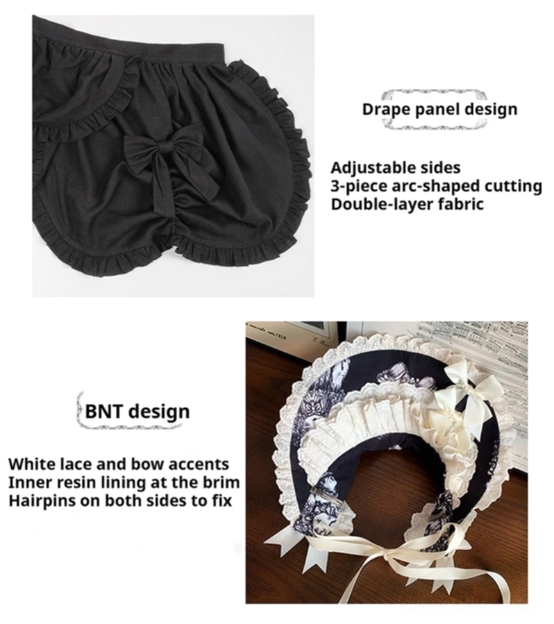 Complete lolita ensemble styling inspiration - showing coordinated outfit with vintage doll print OP dress, drape panel, detachable sleeves, BNT bonnet, and brooch accessory set