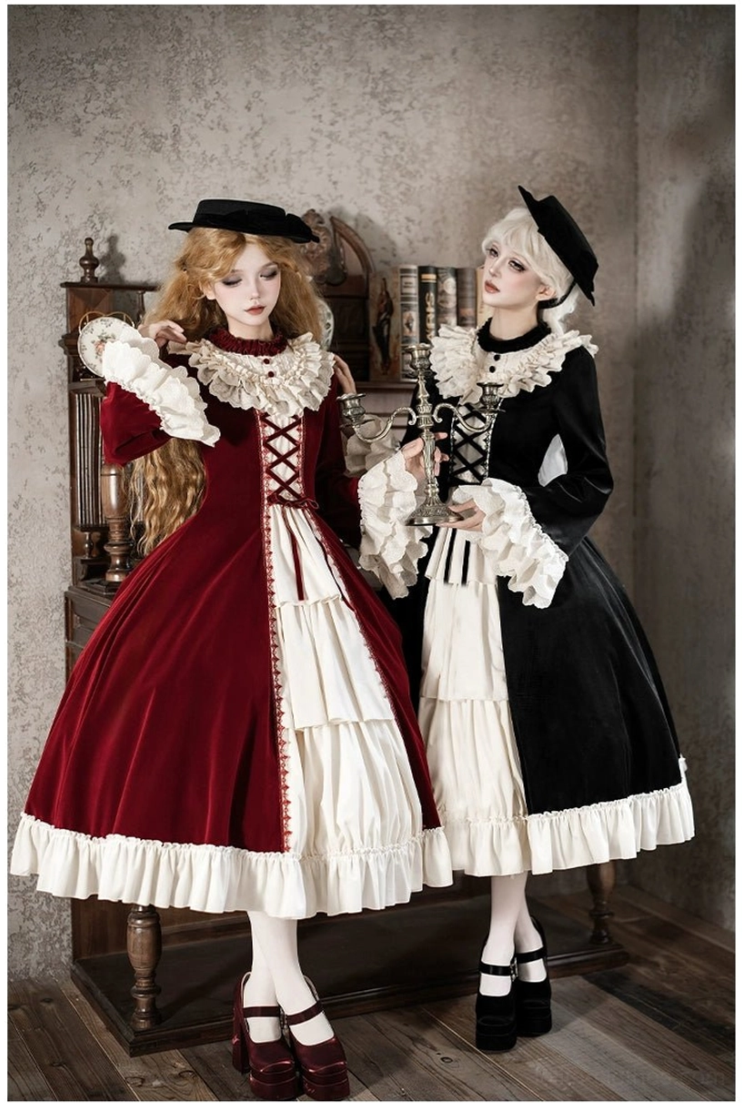 Lolita OP dress with complete coordinate set red dress jabot burgundy bow vintage theatrical styling