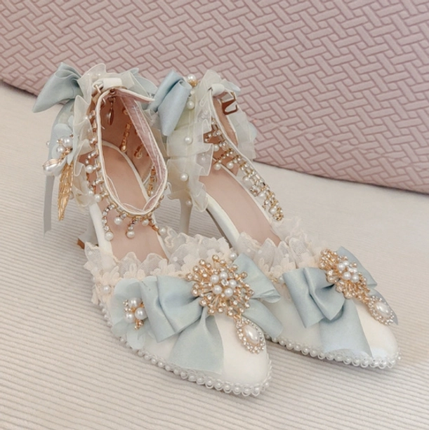 Complete Lolita tea party elegant ensemble featuring coordinated pearl necklace, light blue heels, and apricot floral bonnet collection