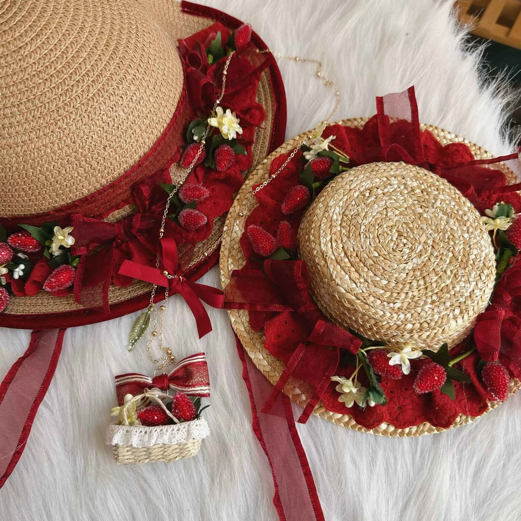 Complete strawberry lolita headdress accessory collection including hairband clips and decorative pieces styled flat lay presentation