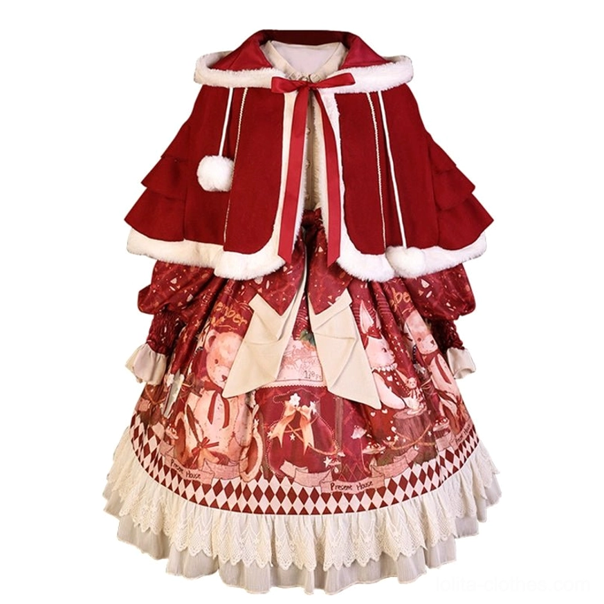 Complete sweet bear Christmas lolita outfit flat lay showing wine red OP dress with teddy bear print white plush cape and coordinating red bows and ruffled hems