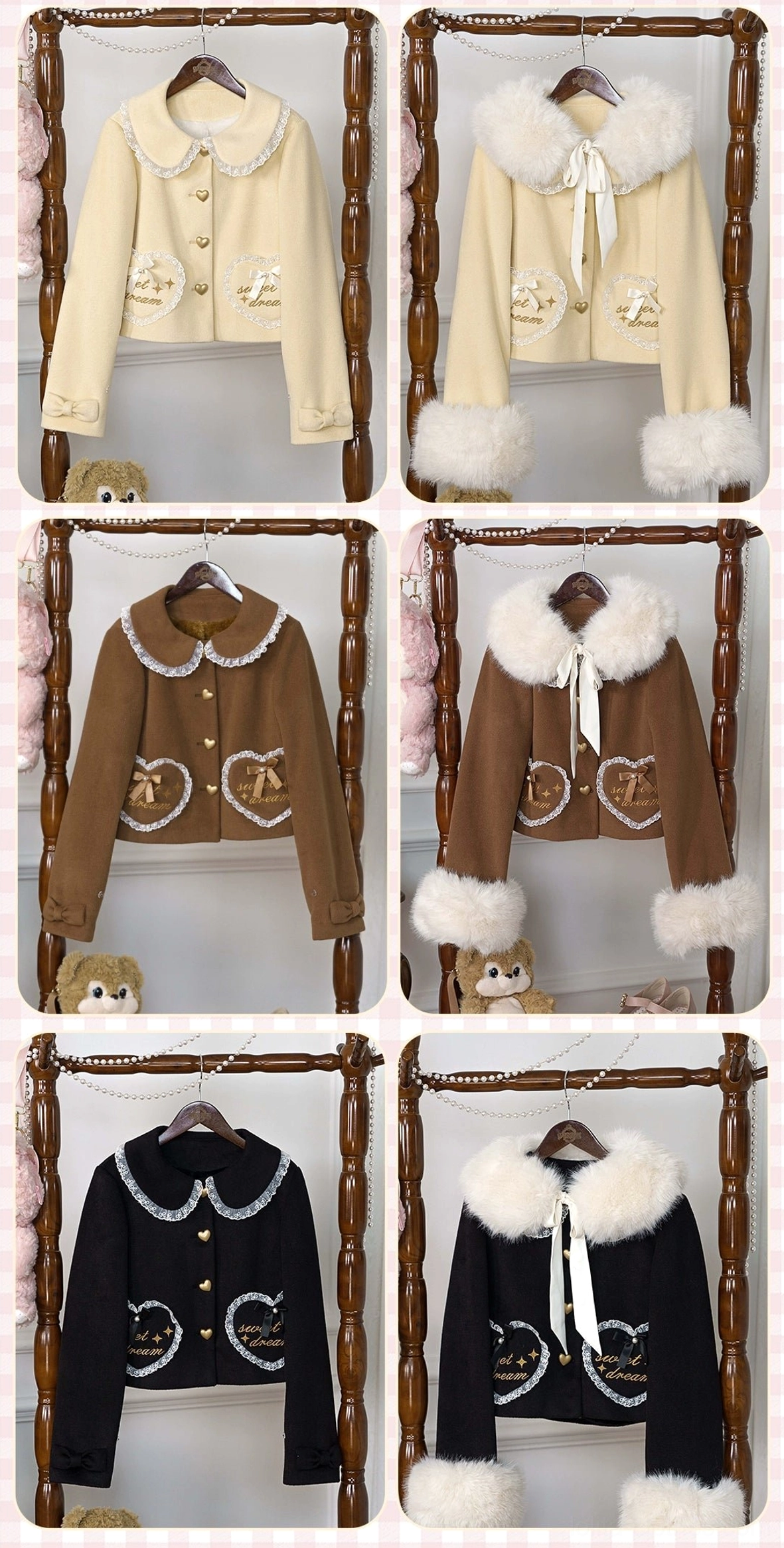 Complete sweet lolita winter coat color lineup featuring pink beige brown and black variants with unified signature design elements on wooden clothing rack