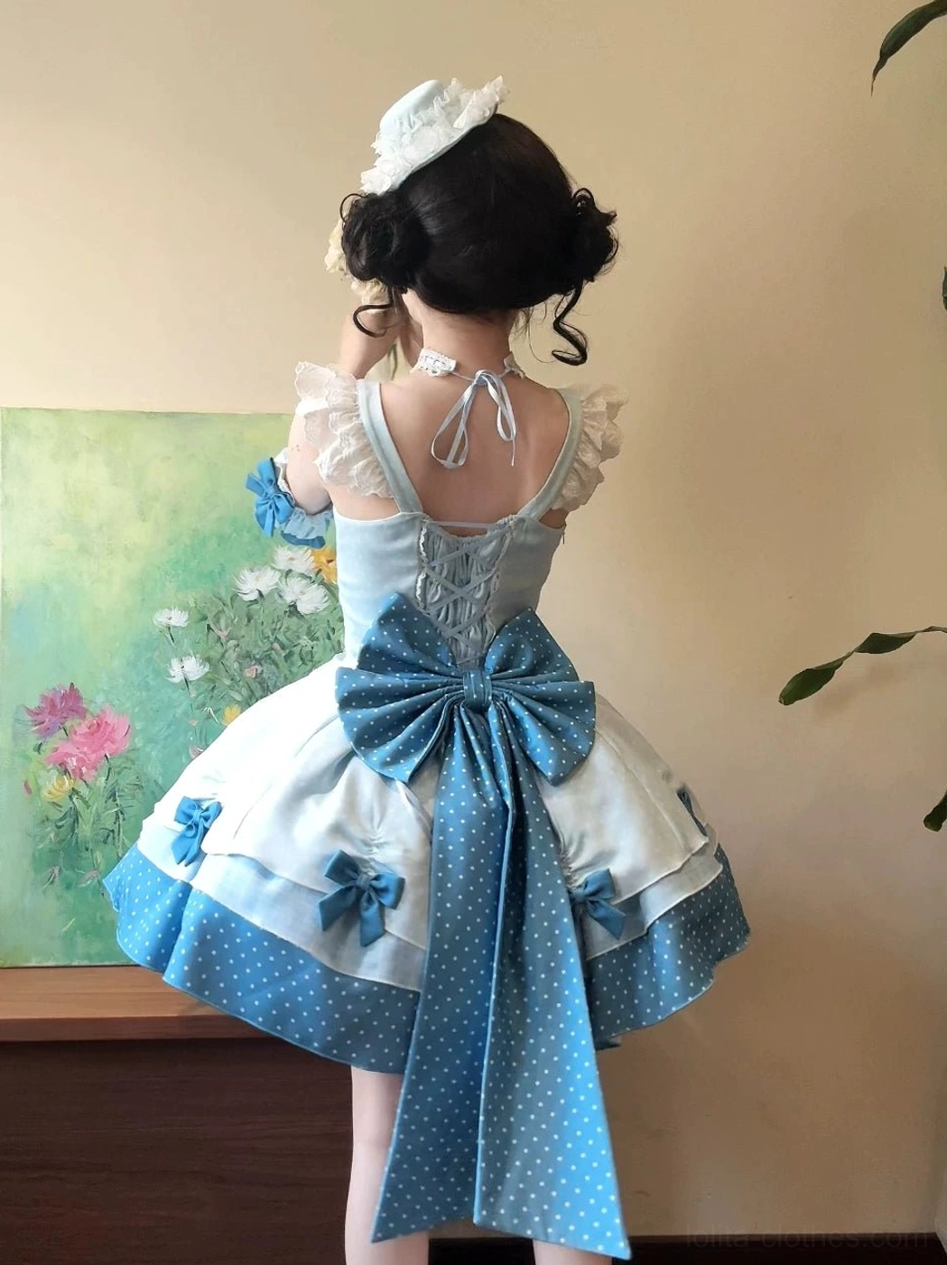 Sweet Lolita coordinate styling inspiration front view showing complete outfit with JSK, hat, trailing bow, leg warmers, short-sleeve blouse, choker, demonstrating full aesthetic presentation