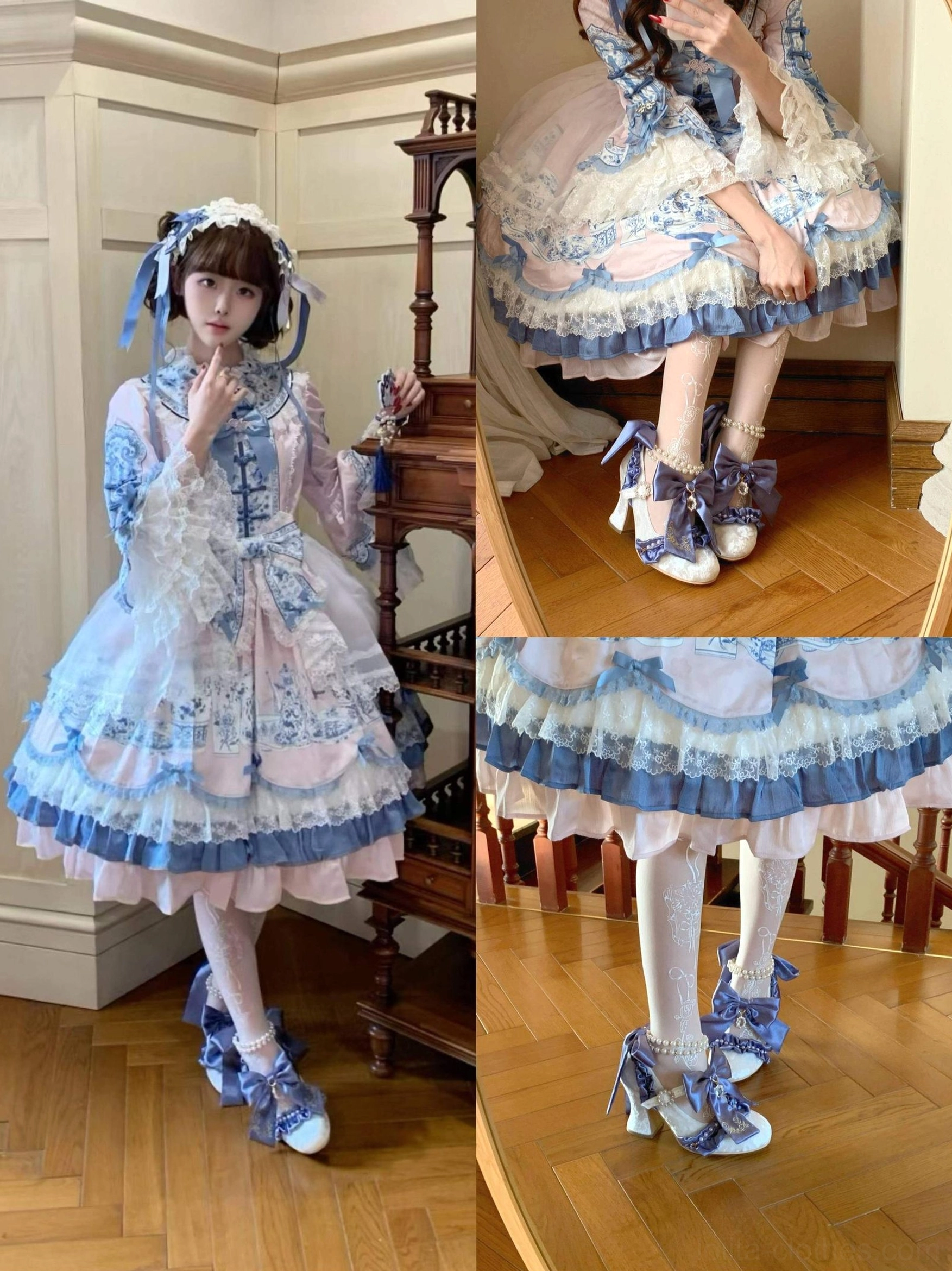 Complete product view classic Lolita wedding heels showing moderate 9cm heel height pearl-adorned detachable ribbon and bow system