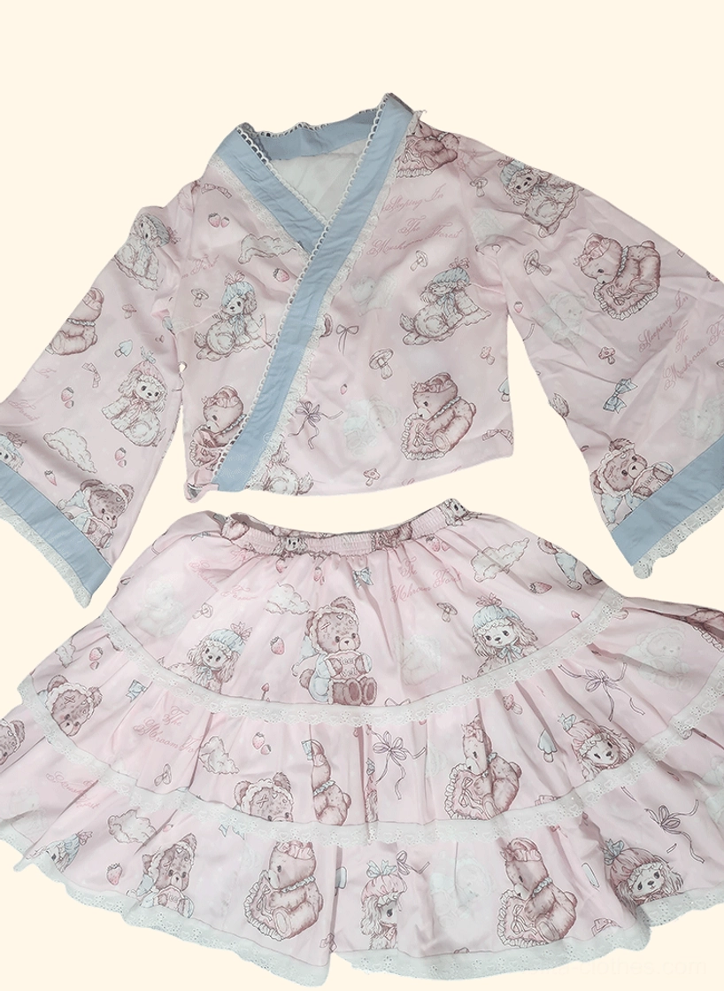 Complete wa lolita moe bear dress collection overview showing multiple color coordinate options blue pink white variations for plus-size kawaii lolita fashion enthusiasts and Japanese subculture community