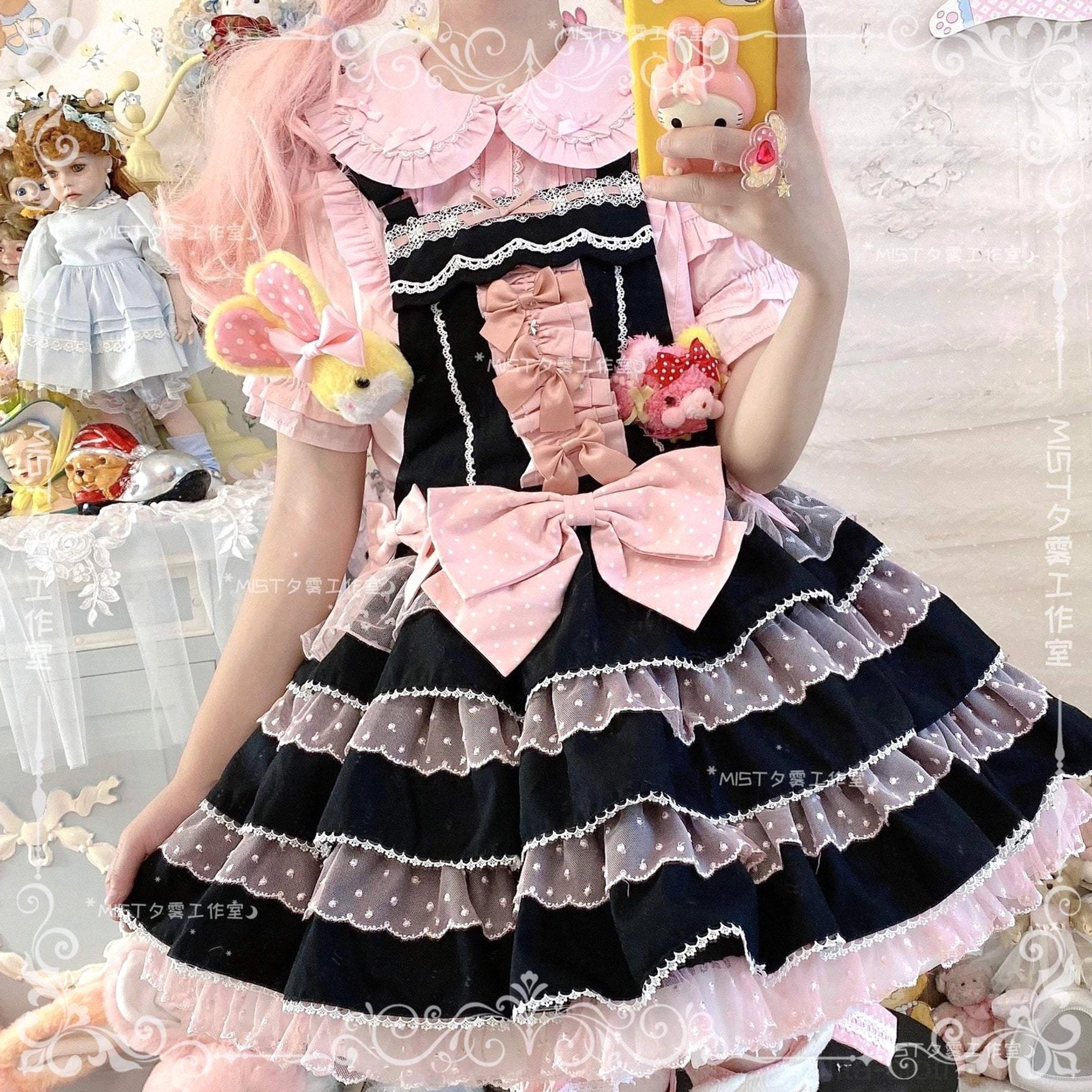 Condensed milk lolita blouse back view showing full a-line silhouette lotus hem and pleated sleeve design from behind