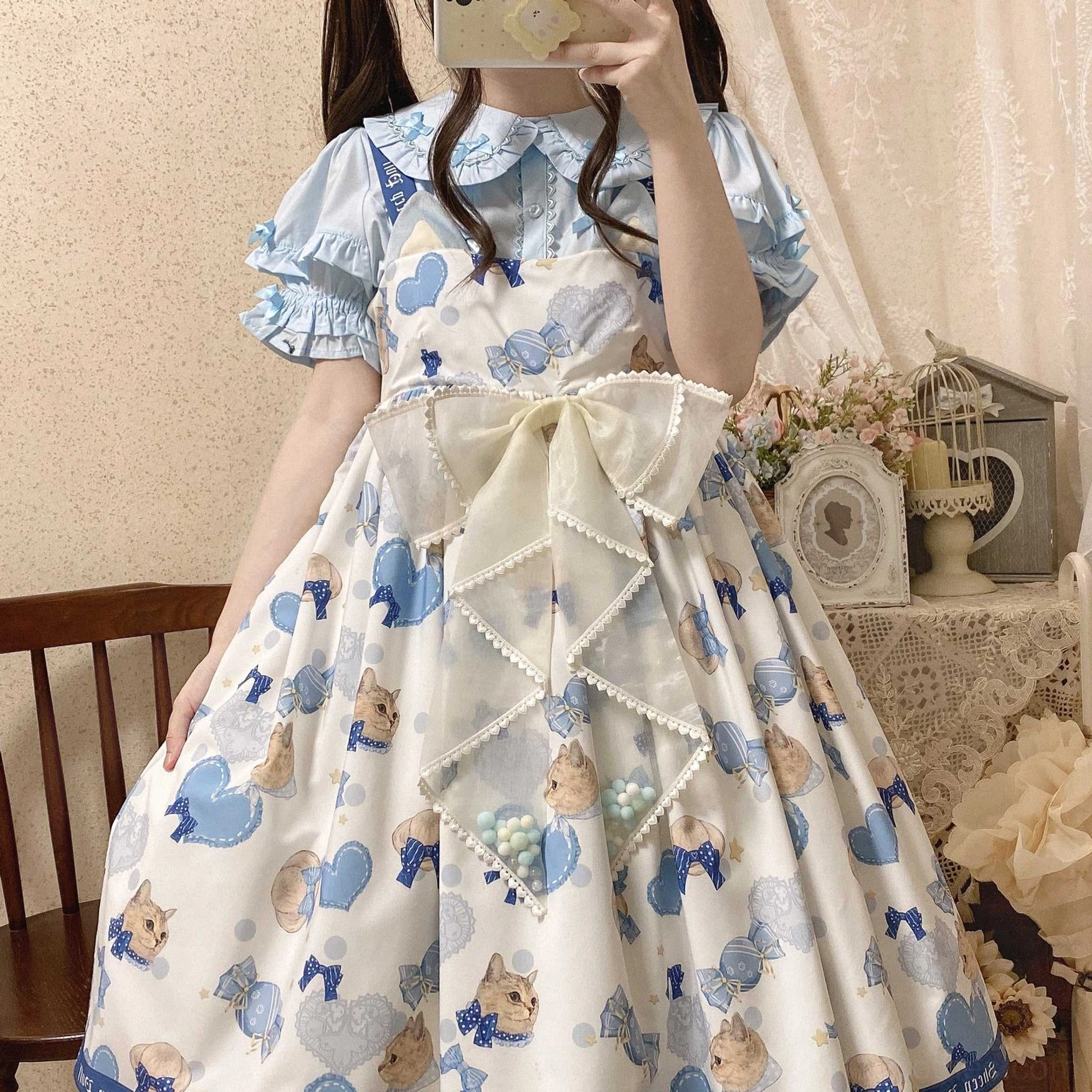Condensed milk lolita blouse delicate accessory pairing showing coordination with headbows brooches gloves and ornaments