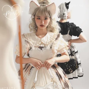 Model wearing creamy condensed milk lolita blouse with beige brown doll collar and heart-shaped apron front view