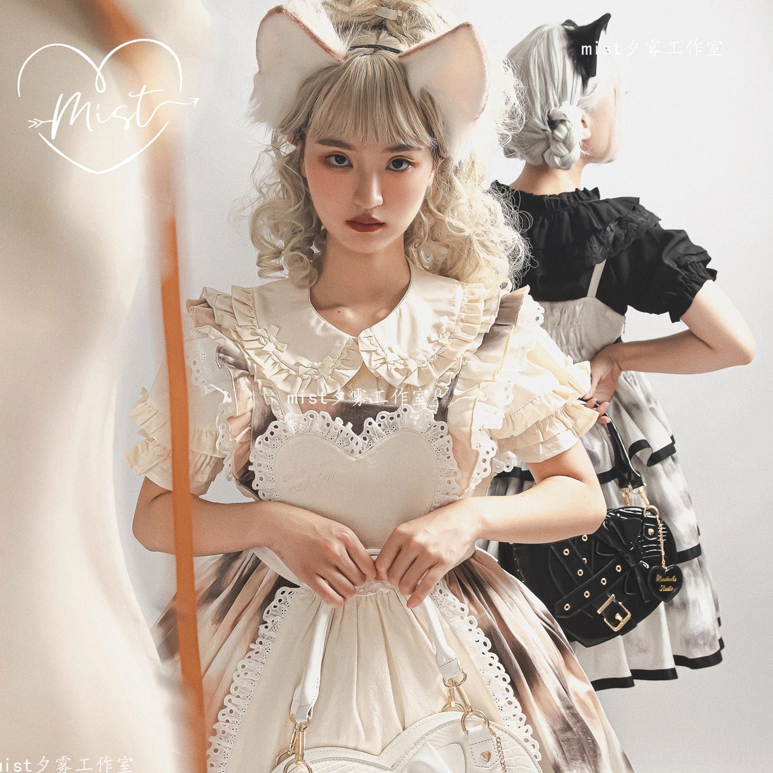 Model wearing creamy condensed milk lolita blouse with beige brown doll collar and heart-shaped apron front view