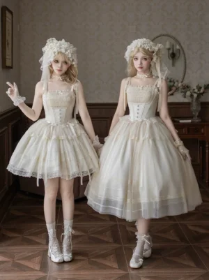 Confession Poem ivory classic lolita corset JSK dress front view full body two models vintage room lace square neckline tiered tulle skirt