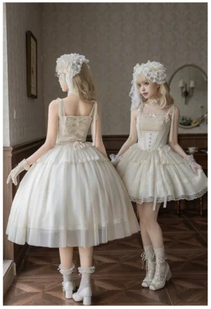 Confession Poem ivory classic lolita corset JSK back view full body models adjustable shoulder straps back shirring flared tulle skirt