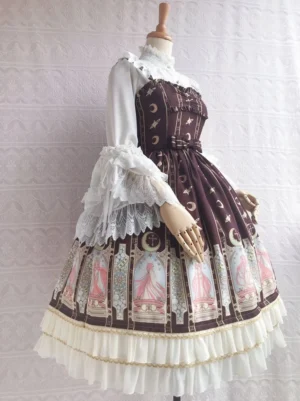 Constellation print brown lolita JSK dress side view showing high waist silhouette trumpet lace sleeves and layered ruffled hem detail