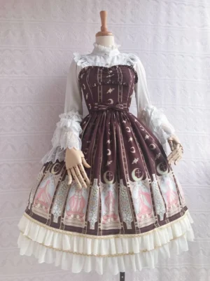 Constellation tarot print brown lolita JSK dress front view with ivory lace blouse and double-layer ruffled chiffon skirt hem