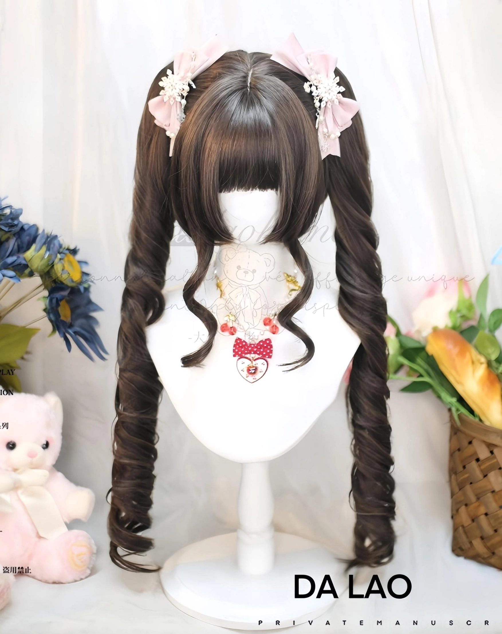 Cool Brown dark brown Lolita twin tails curly wig front shot on mannequin, displaying deep brown color, blunt bangs, long spiral detachable ponytails, pink bow hair ornaments with floral decorations