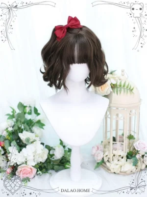 Cool brown wavy bob lolita wig with blunt bangs displayed on white mannequin with romantic floral and vintage birdcage styling