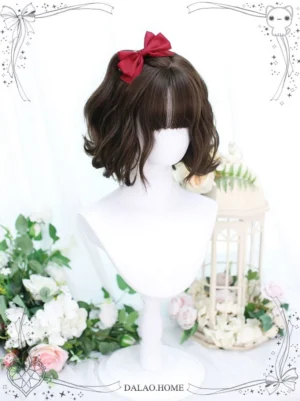 Short curly synthetic lolita wig in cool brown side front view showing natural wave texture and bangs