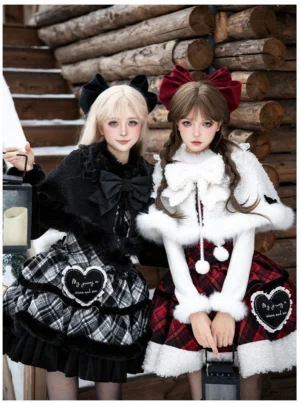Coordinated plaid Lolita JSK and reversible cape set with pom-pom tassels and heart skirt patches detail view