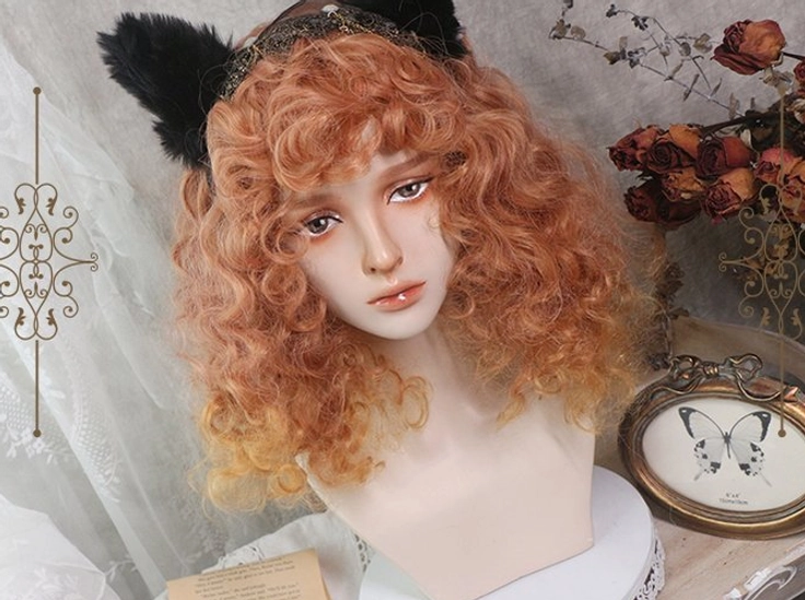 Copper orange curly shoulder-length lolita wig with fluffy autumnal hair color and black cat ear hair clip
