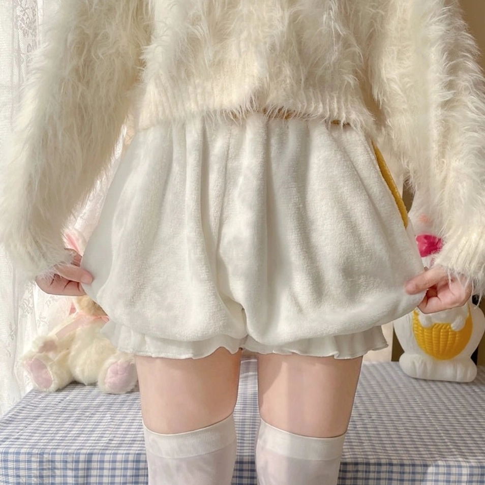 White corgi-tail velvet Lolita bloomers product photography detailed view showing embroidered paw print embellished cuffs and premium velvet construction quality