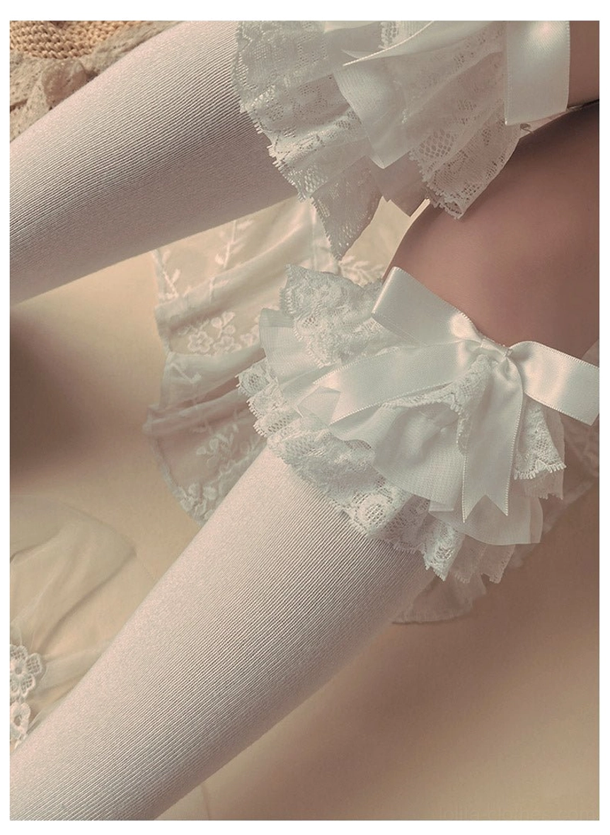 Cotton Lolita bow socks premium fabric detail shot quality construction layered lace trim ruffles satin bow accent close-up view