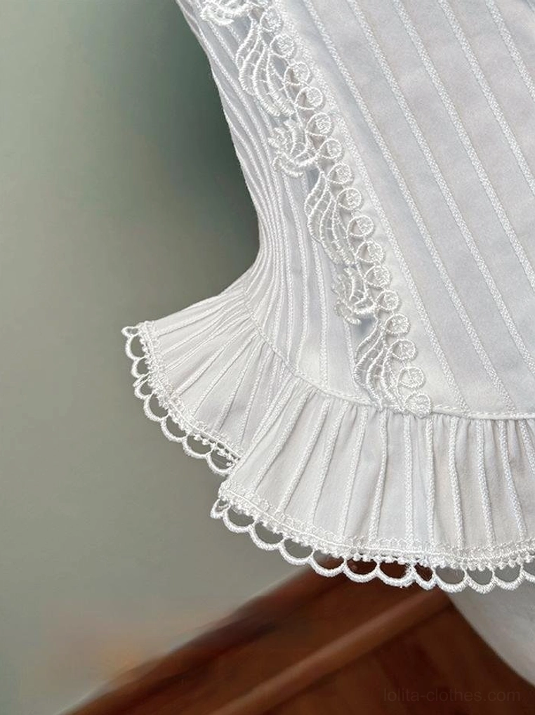 Cotton-nylon striped fabric texture detail of sweet lolita blouse showing vertical pinstripe pattern and material quality close-up